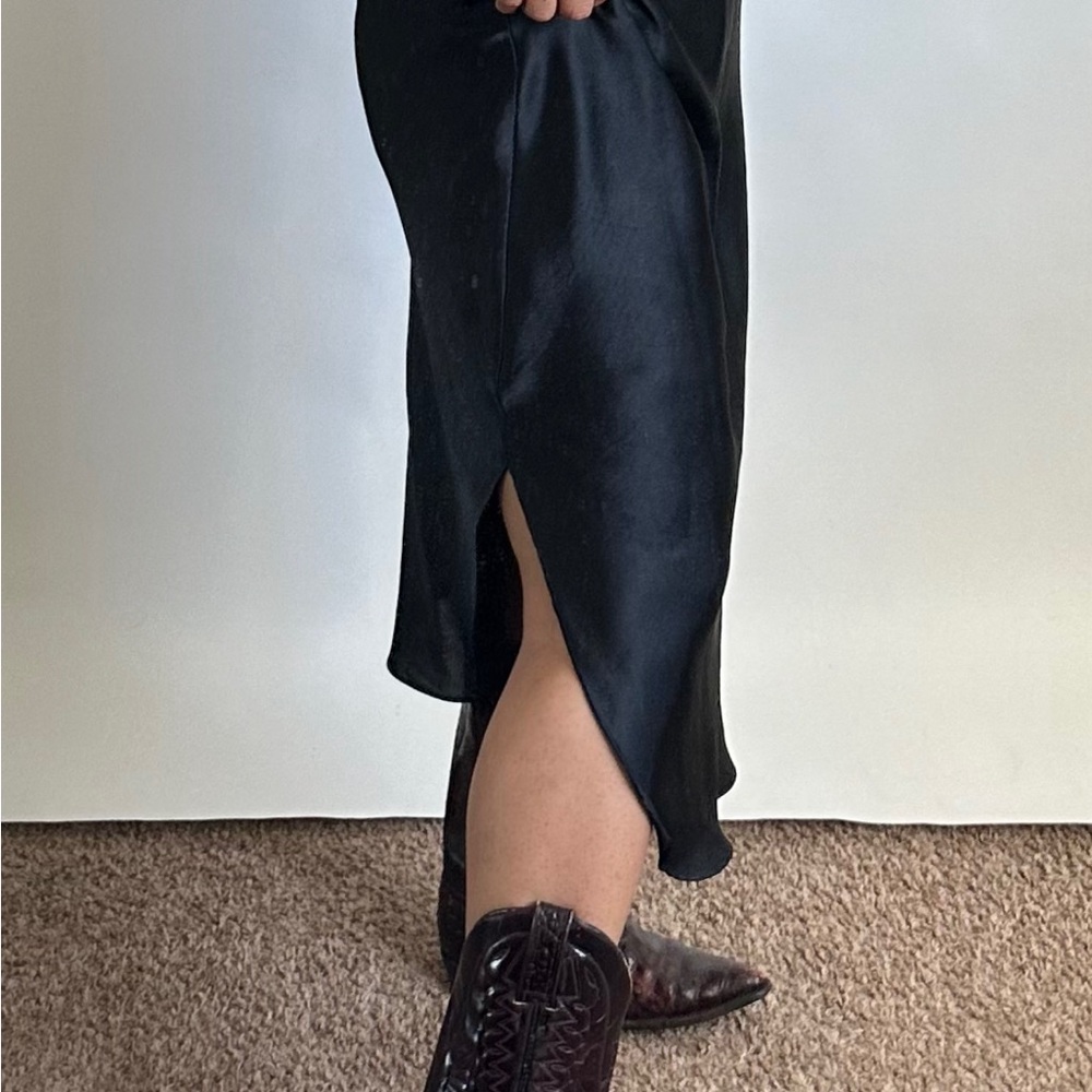 VINTAGE 90s Satin Slip Dress Black Floral With Lace Size- Small, also fits a M - Picture 8 of 13